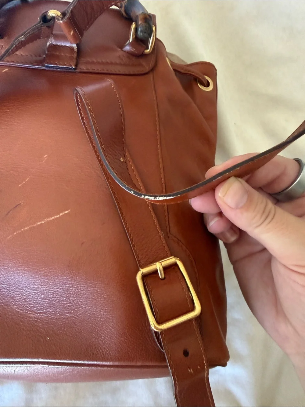 GUCCI leather backpack with gold and bamboo handle